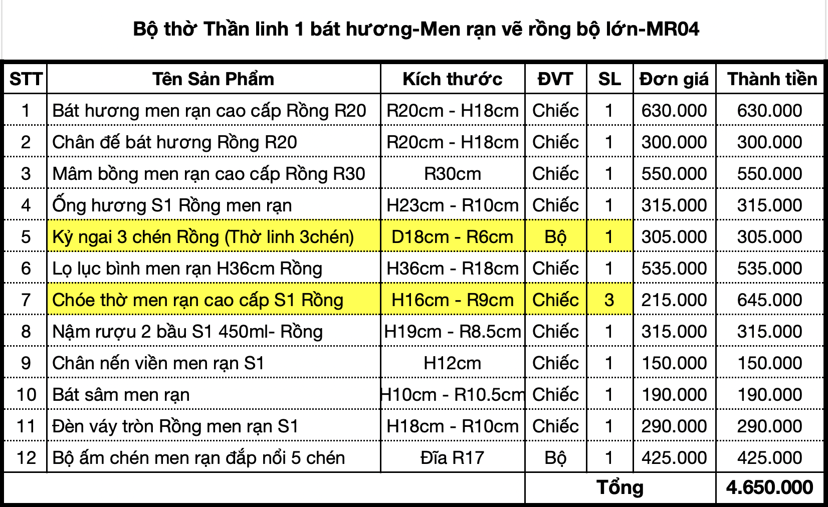 Bộ đồ thờ Gia tiên-Thần linh hoạ tiết Rồng Bát Tràng men rạn đắp nổi cao cấp-ban lớn- MR04